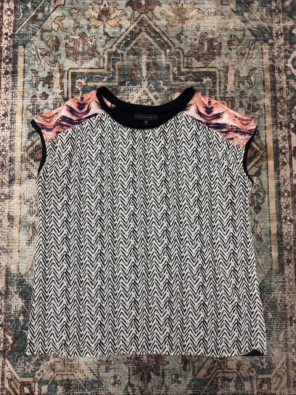 Sanctuary Black White Mixed Media Top with Coral and Marble Panels Burnout Back